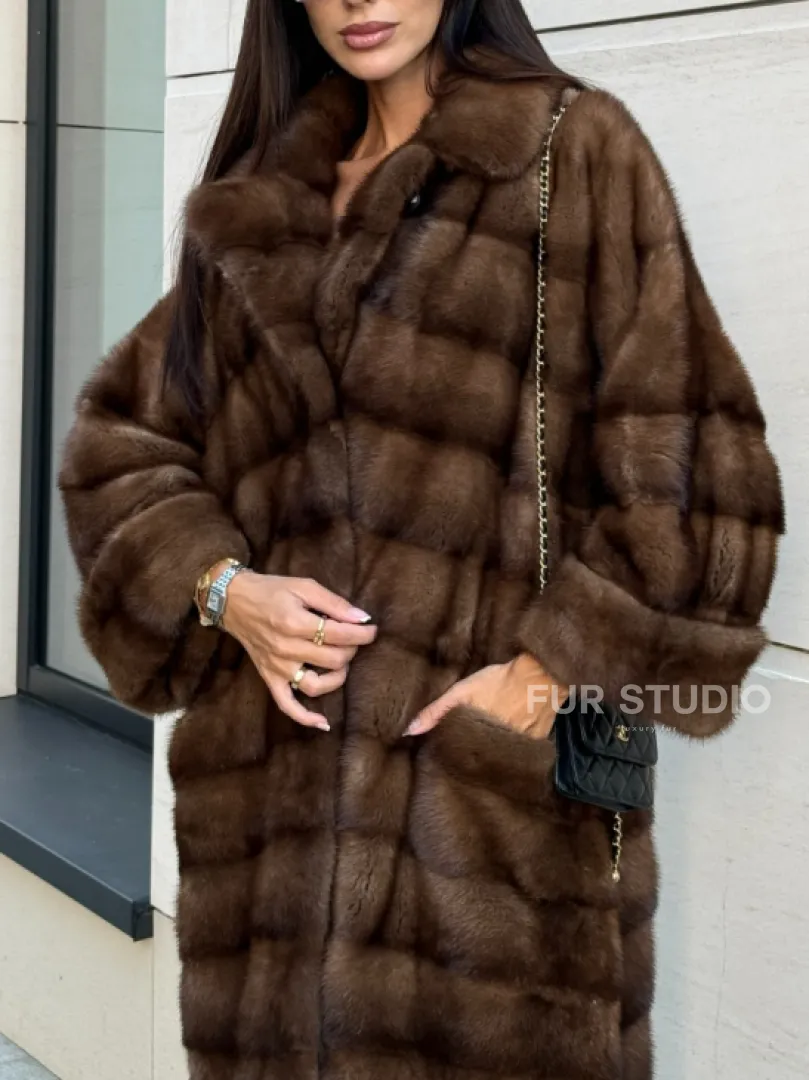 Шуба натуральная из меха норки английский воротник - цвет соболь - фото 3