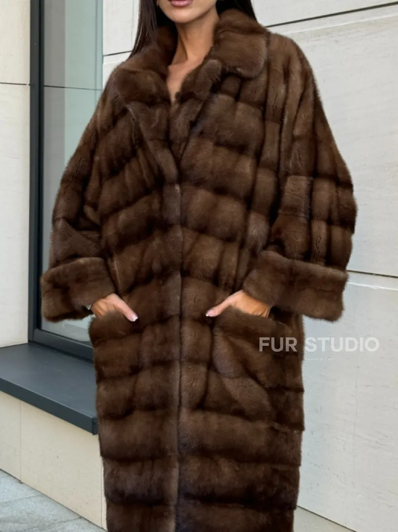 Шуба натуральная из меха норки английский воротник - цвет соболь - фото 4