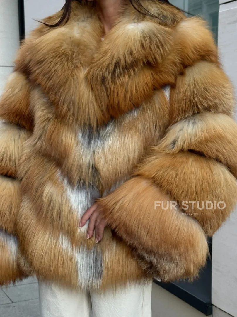 Шуба из меха рыжей лисы в натуральном цвете, паркетной раскладке - фото 1