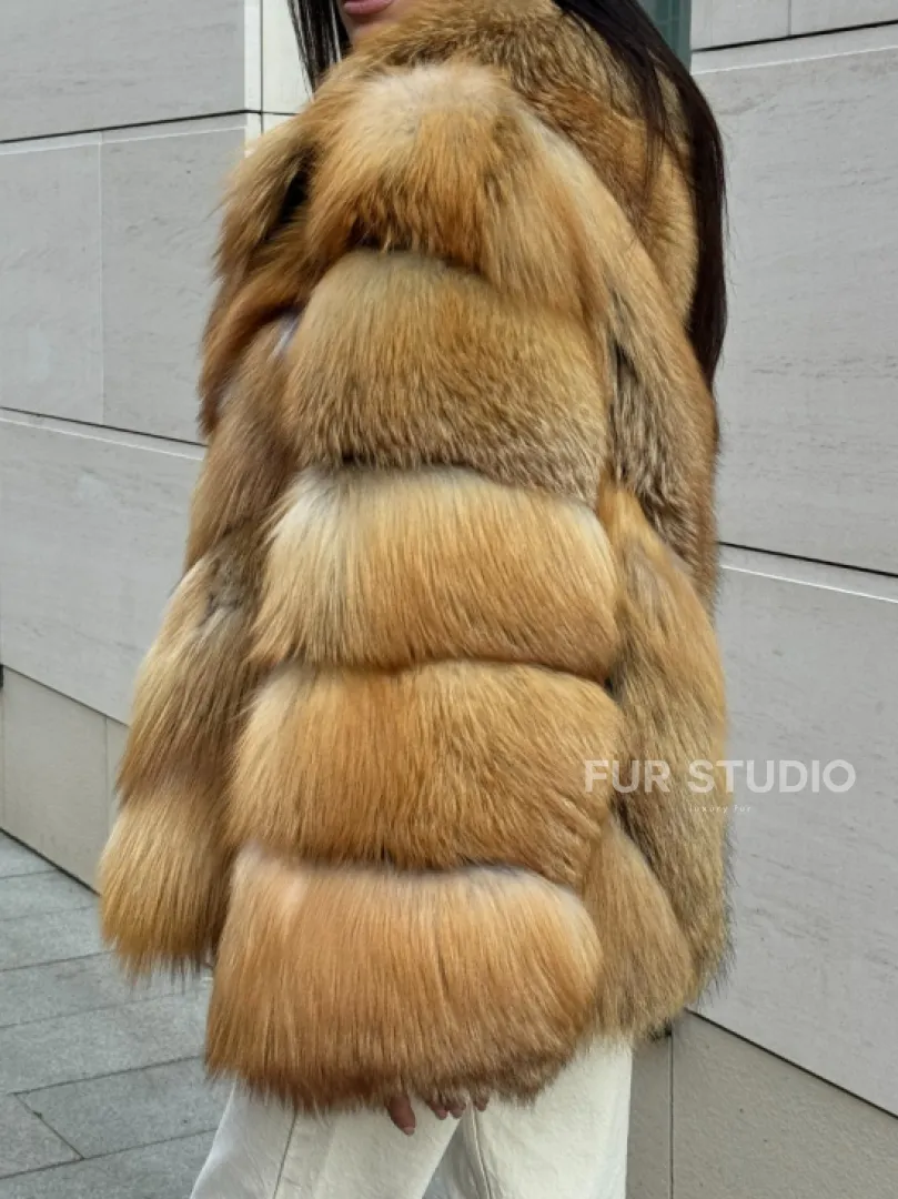 Шуба из меха рыжей лисы в натуральном цвете, паркетной раскладке - фото 4