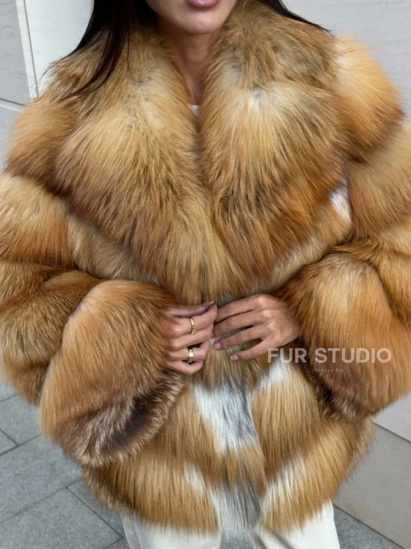 Шуба из меха рыжей лисы в натуральном цвете, паркетной раскладке - фото 3