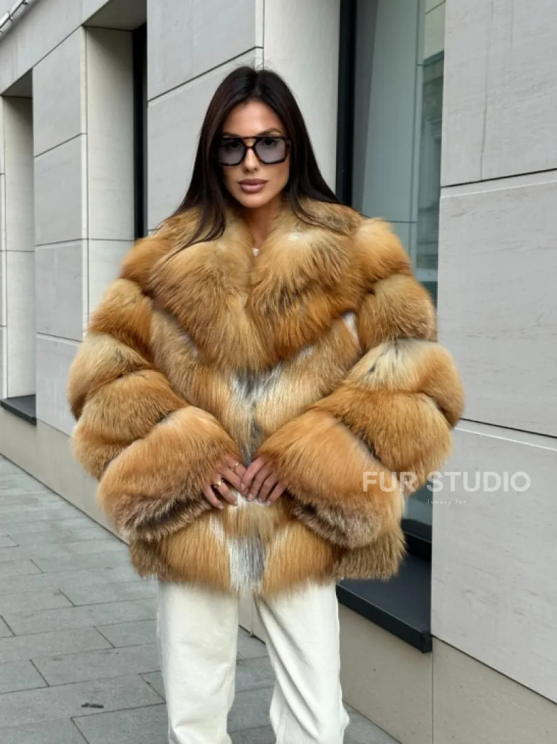 Шуба из меха рыжей лисы в натуральном цвете, паркетной раскладке - фото 6
