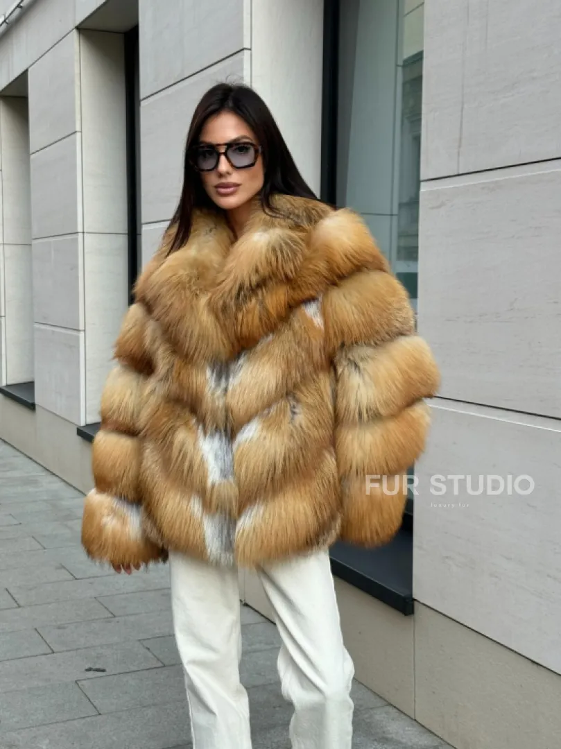 Шуба из меха рыжей лисы в натуральном цвете, паркетной раскладке - фото 11