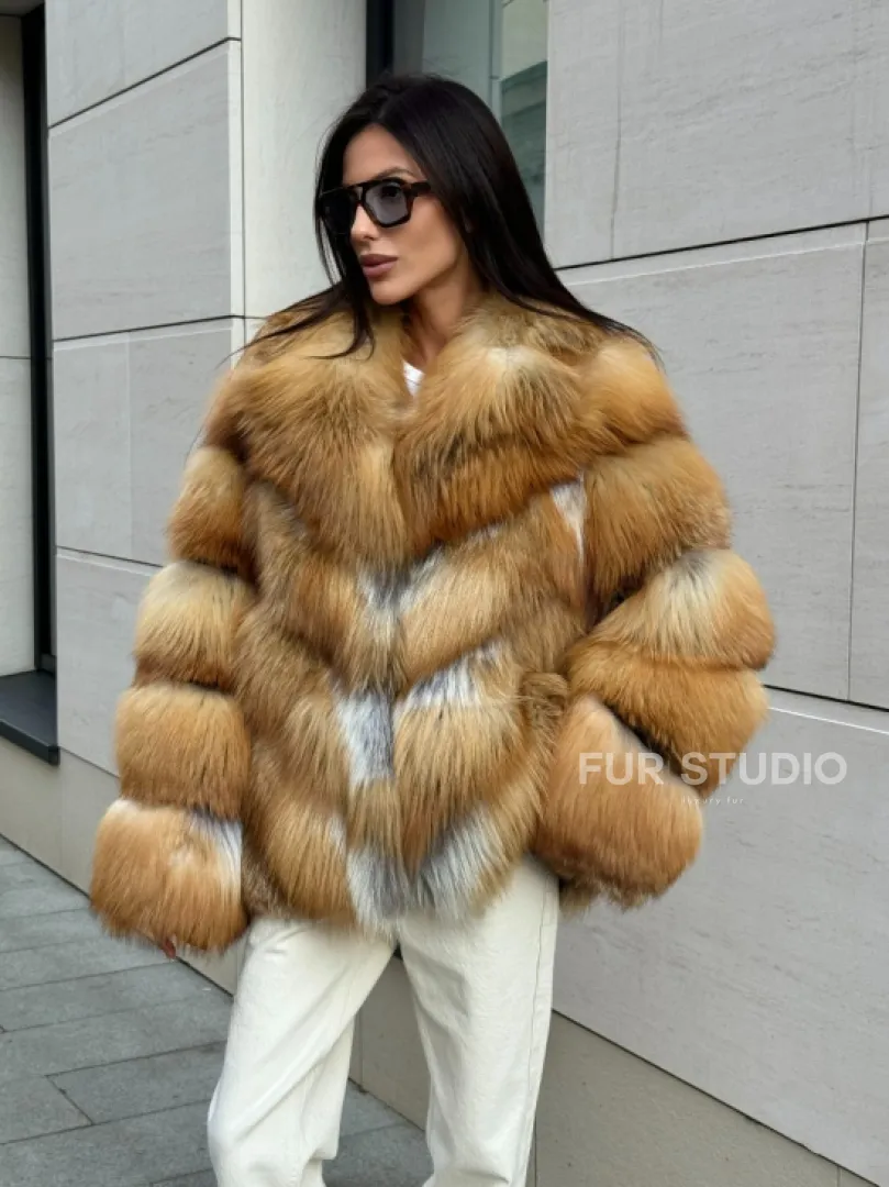 Шуба из меха рыжей лисы в натуральном цвете, паркетной раскладке - фото 0