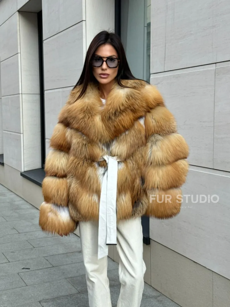 Шуба из меха рыжей лисы в натуральном цвете, паркетной раскладке - фото 8