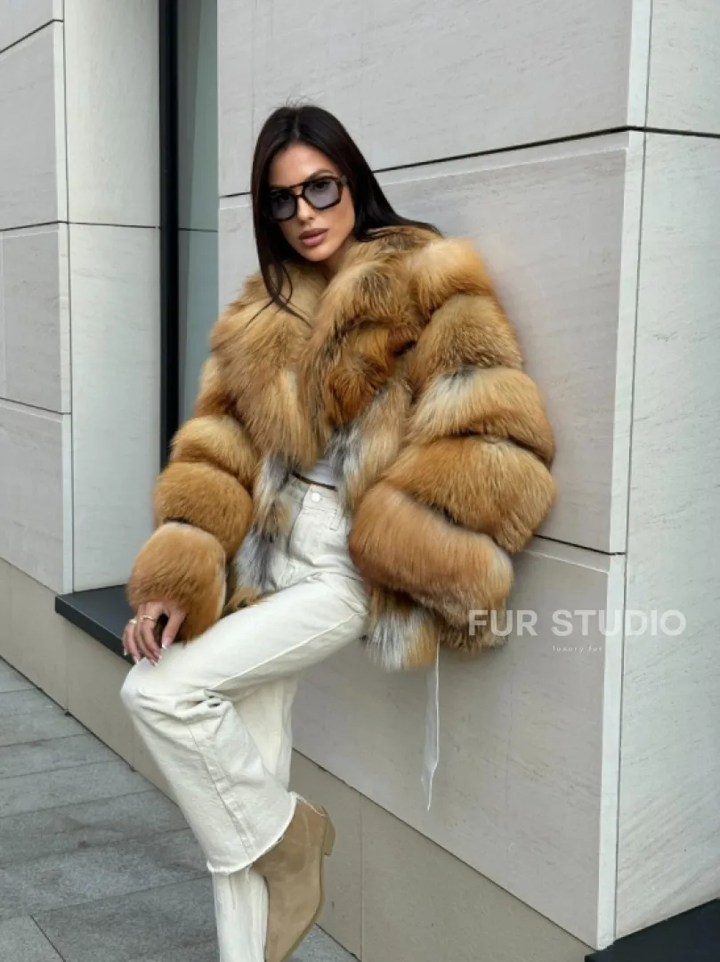 Шуба из меха рыжей лисы в натуральном цвете, паркетной раскладке - фото 10
