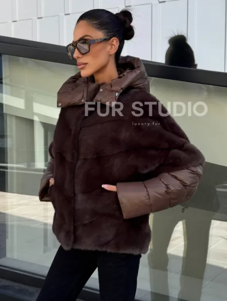 Норковый пуховик-жилет 2в1  цвет соболь - фото 0