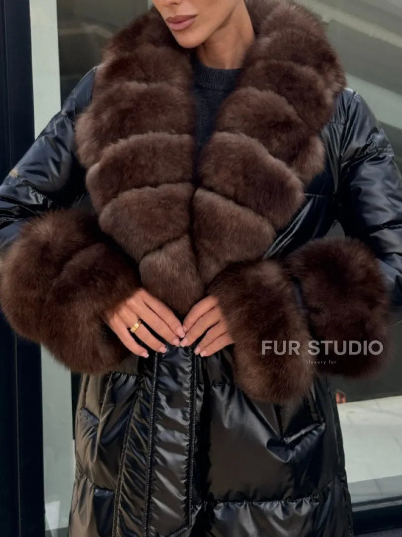 Зимний женский пуховик с воротником из меха финского песца - фото 1