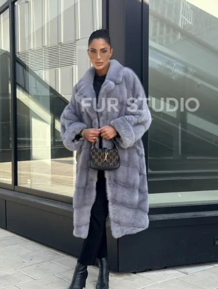 Голубая норковая шуба английский воротник, фасон кокон - фото 0