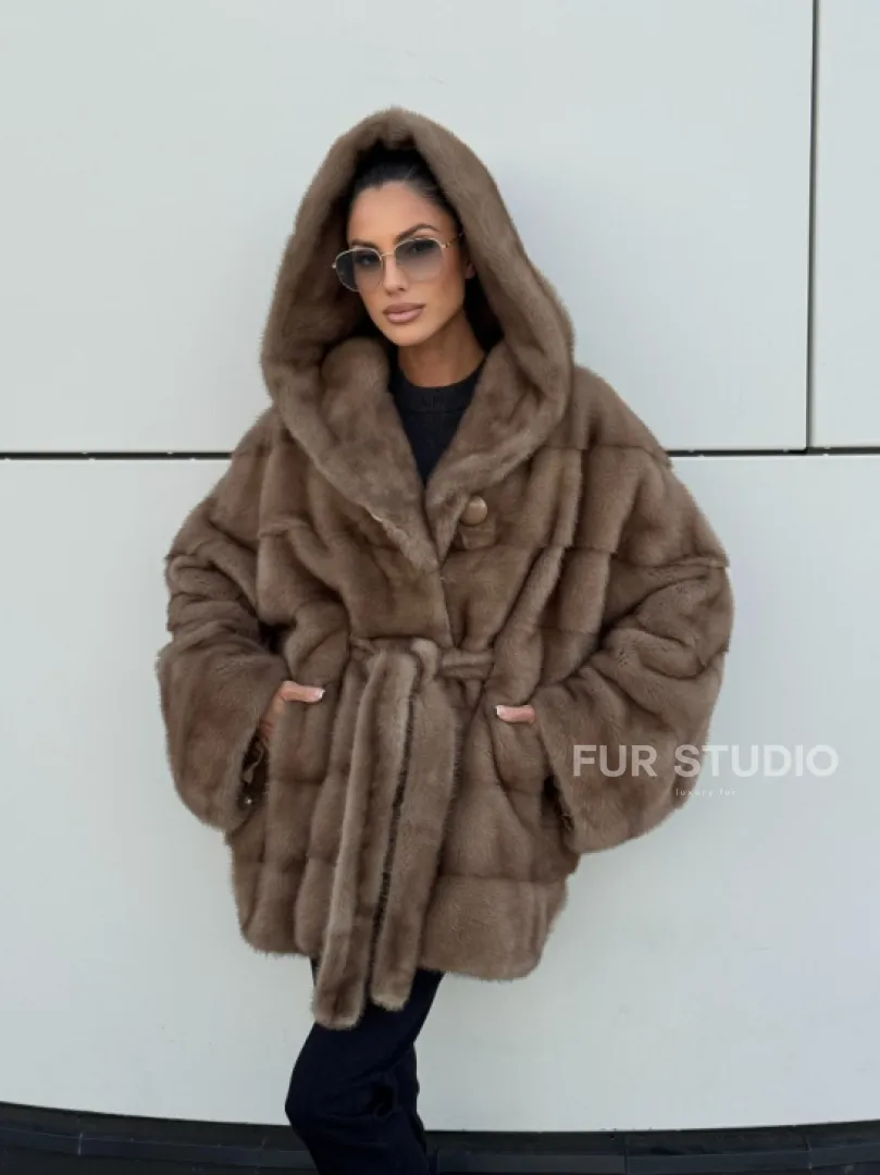 Норковая шуба автоледи с капюшоном кобра, цвет Тортор