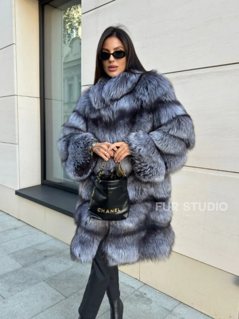 Шуба натуральная из чернобурки стойка воротник - фото 0