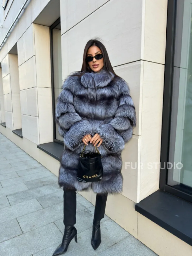 Шуба натуральная из чернобурки стойка воротник - фото 9