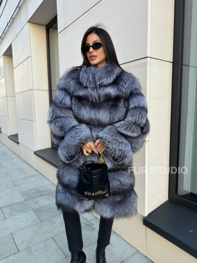 Шуба натуральная из чернобурки стойка воротник - фото 7