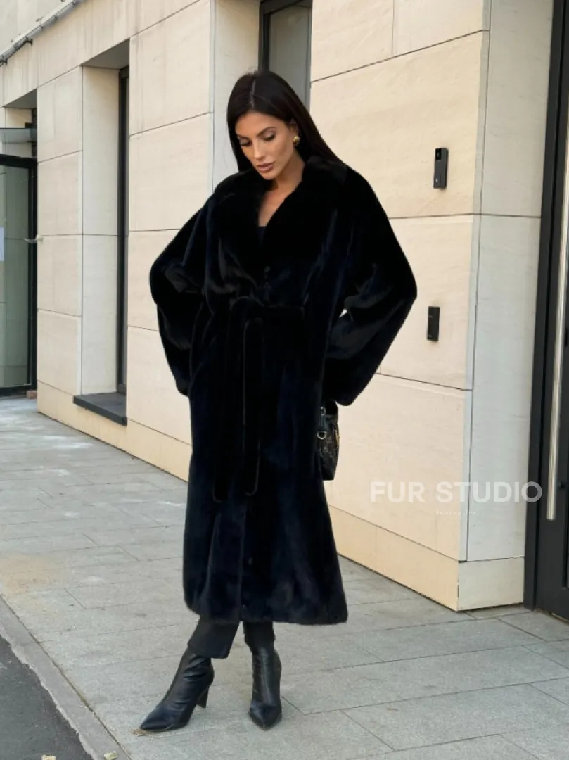 Шуба кимоно из меха североамериканской норки, английский воротник - фото 8