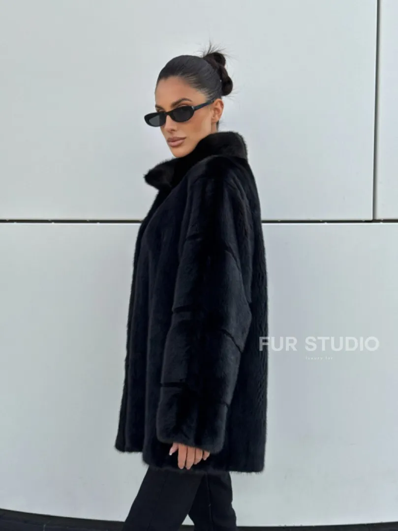 Норковая шуба полупальто из меха норки стойка воротник - фото 4