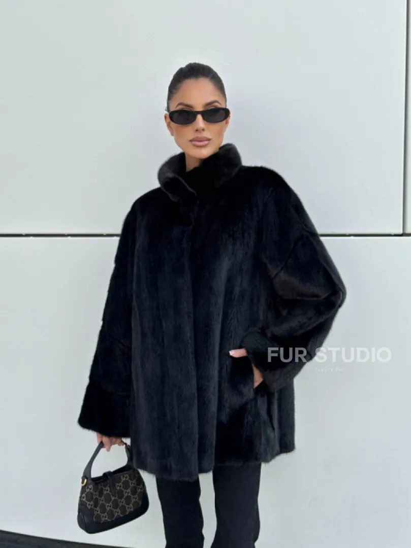 Норковая шуба полупальто из меха норки стойка воротник - фото 7