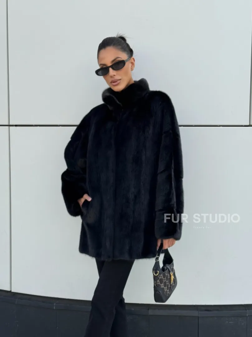 Норковая шуба полупальто из меха норки стойка воротник - фото 9