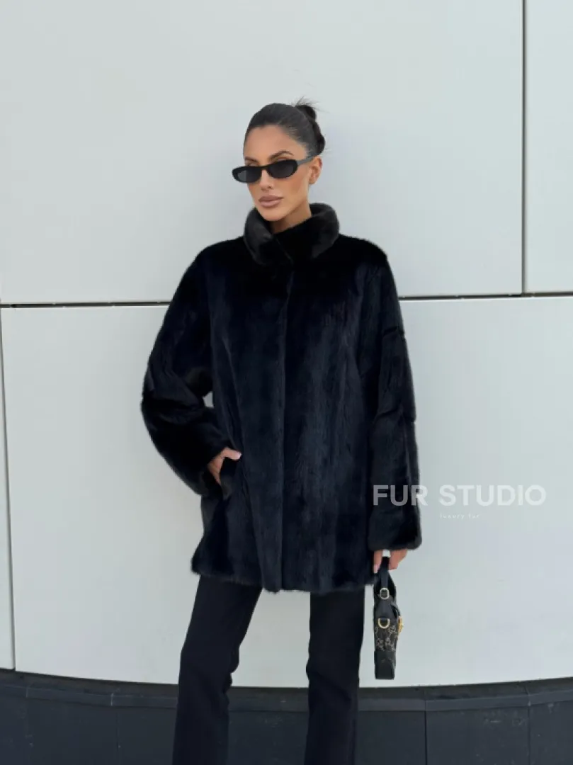 Норковая шуба полупальто из меха норки стойка воротник - фото 12