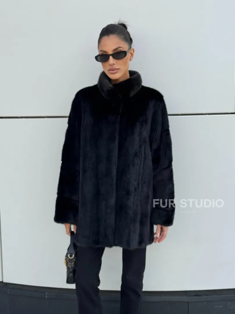 Норковая шуба полупальто из меха норки стойка воротник - фото 3