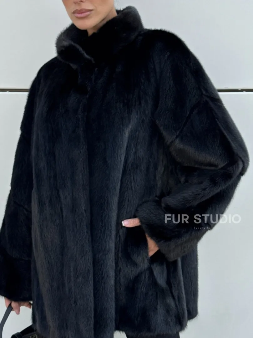 Норковая шуба полупальто из меха норки стойка воротник - фото 1