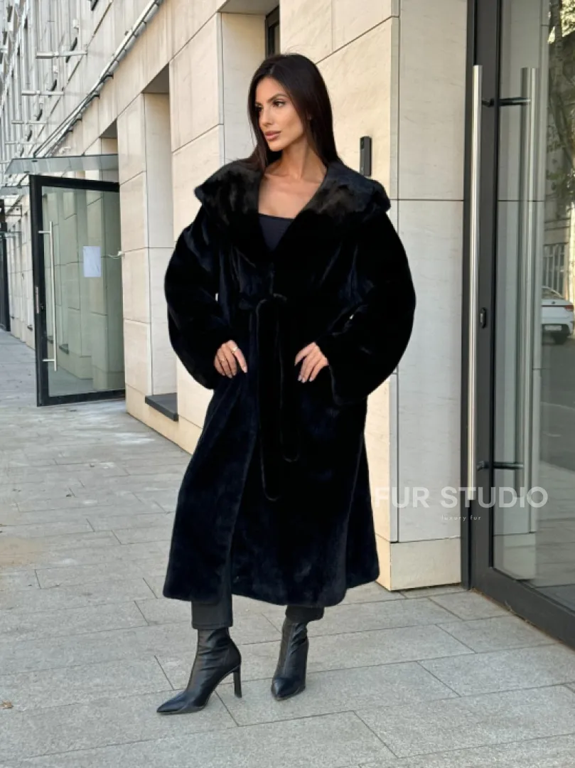 Норка кимоно BLACKGLAMA роспуск, капюшон кобра - фото 11