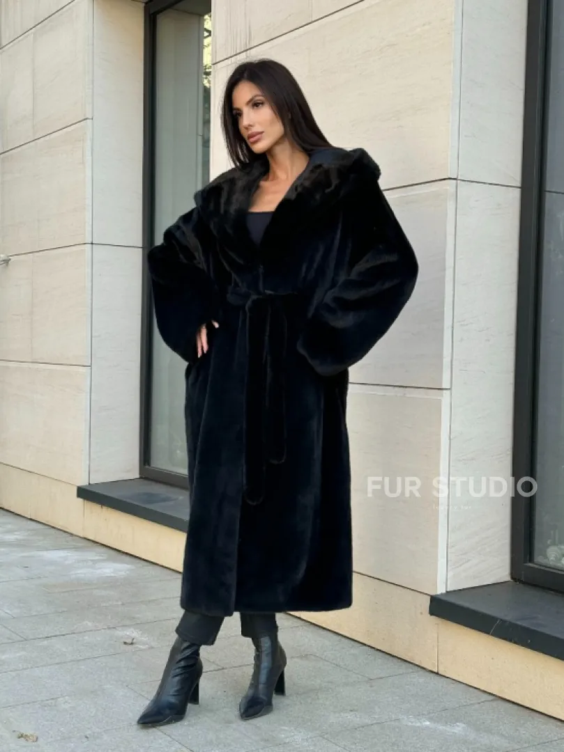 Норка кимоно BLACKGLAMA роспуск, капюшон кобра - фото 10