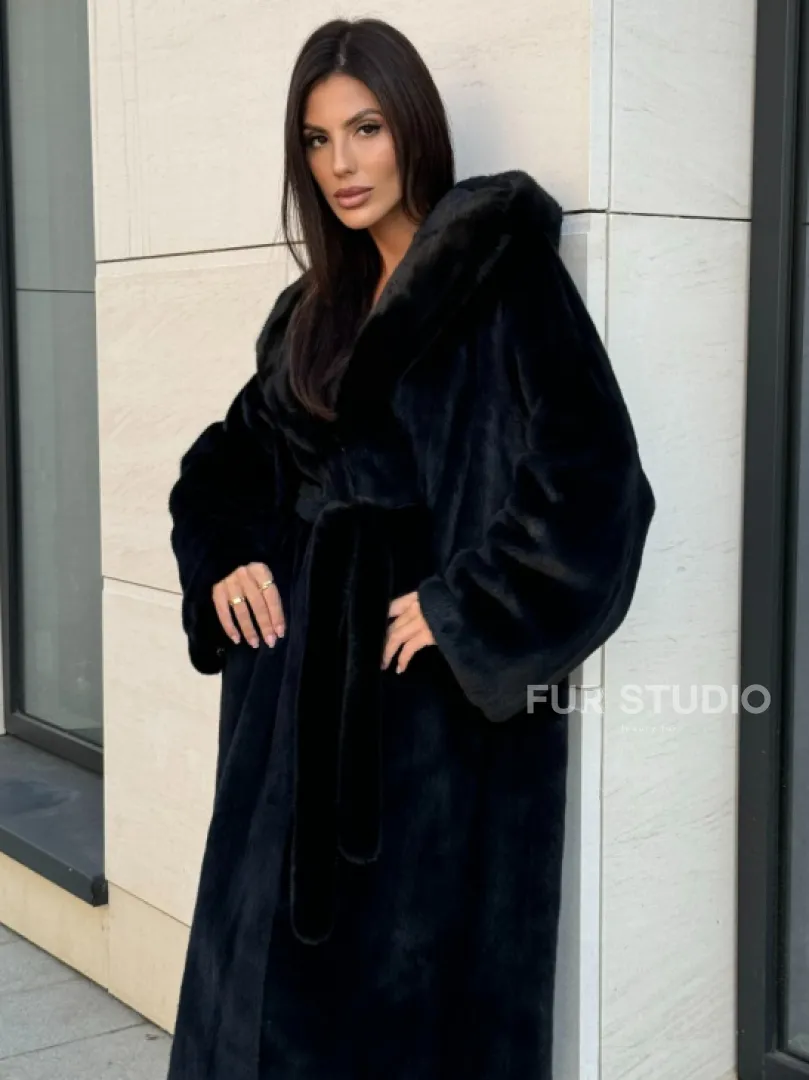 Норка кимоно BLACKGLAMA роспуск, капюшон кобра - фото 4