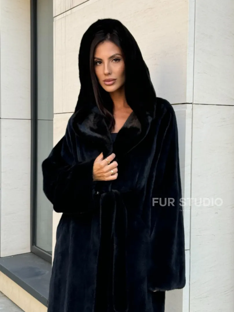 Норка кимоно BLACKGLAMA роспуск, капюшон кобра - фото 8