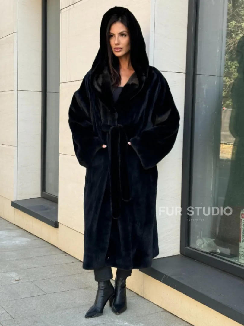 Норка кимоно BLACKGLAMA роспуск, капюшон кобра - фото 5