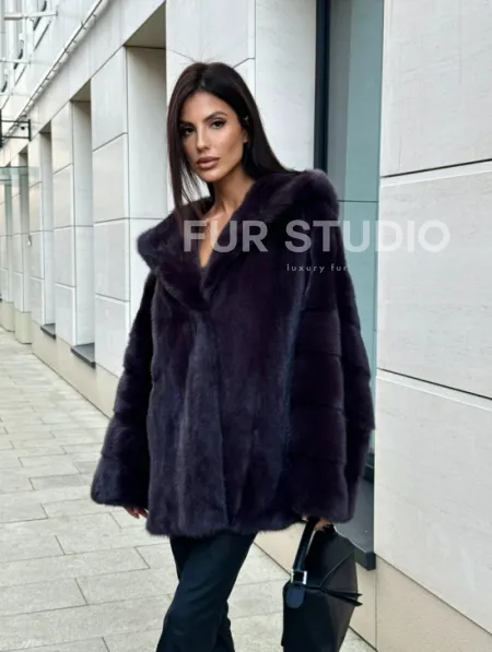 Меховое полупальто из аукционной норки с капюшоном Dark violet - фото 3