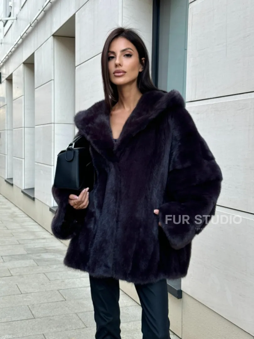 Меховое полупальто из аукционной норки с капюшоном Dark violet - фото 0