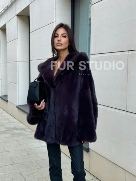 Меховое полупальто из аукционной норки с капюшоном Dark violet - фото 6