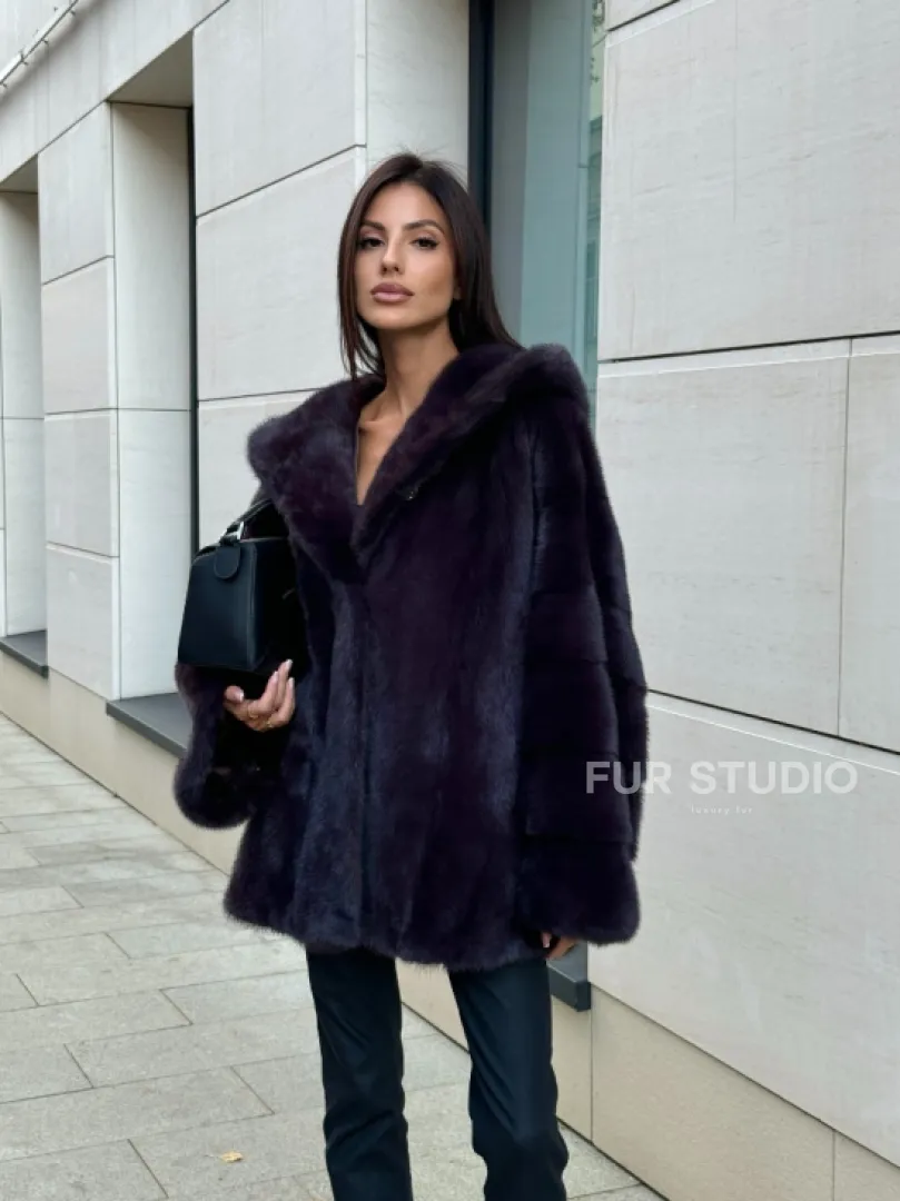 Меховое полупальто из аукционной норки с капюшоном Dark violet - фото 6