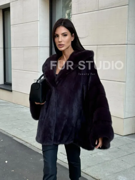 Меховое полупальто из аукционной норки с капюшоном Dark violet - фото 4