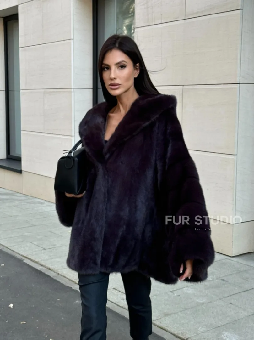 Меховое полупальто из аукционной норки с капюшоном Dark violet - фото 4