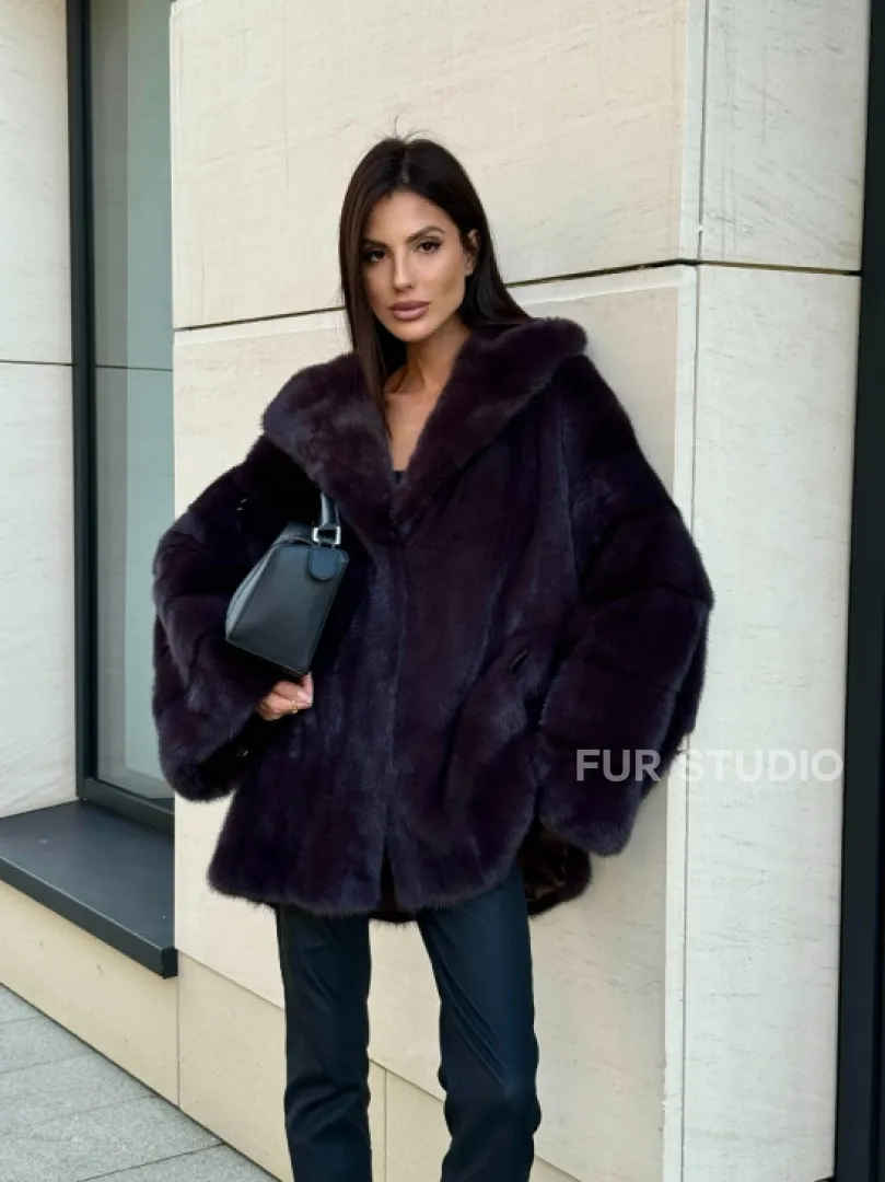 Меховое полупальто из аукционной норки с капюшоном Dark violet - фото 7