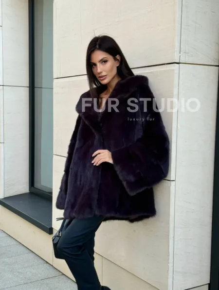 Меховое полупальто из аукционной норки с капюшоном Dark violet - фото 9