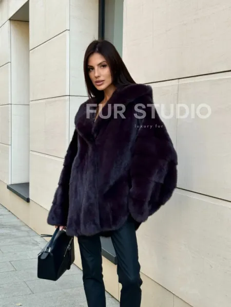 Меховое полупальто из аукционной норки с капюшоном Dark violet - фото 8