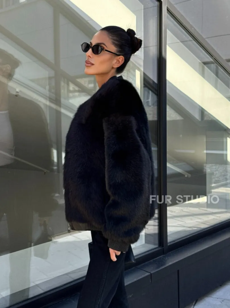 Бомбер женский из натуральной тосканы - черный - фото 3