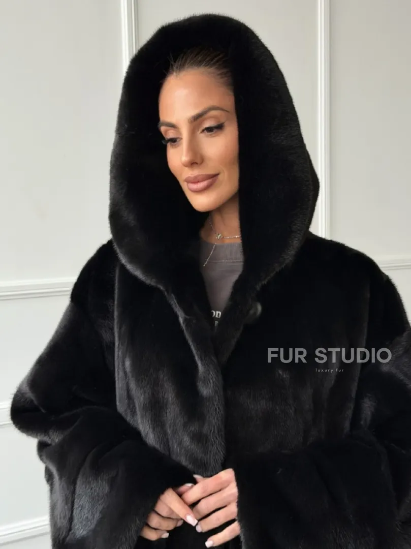 Шуба натуральная женская из норки Blackglama с капюшоном - фото 5