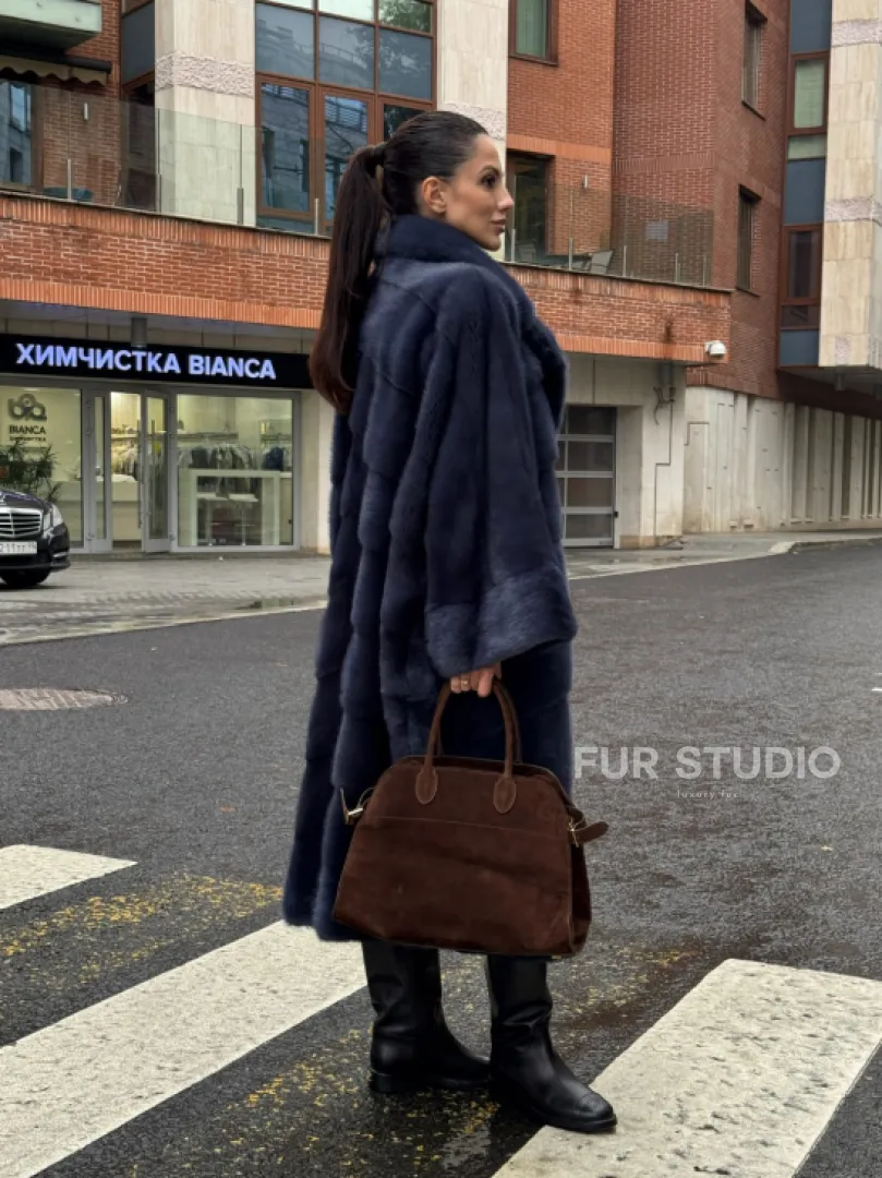Норковая шуба-пальто в цвете джинс, стиль  “Бохо“ — батальный размер - фото 13