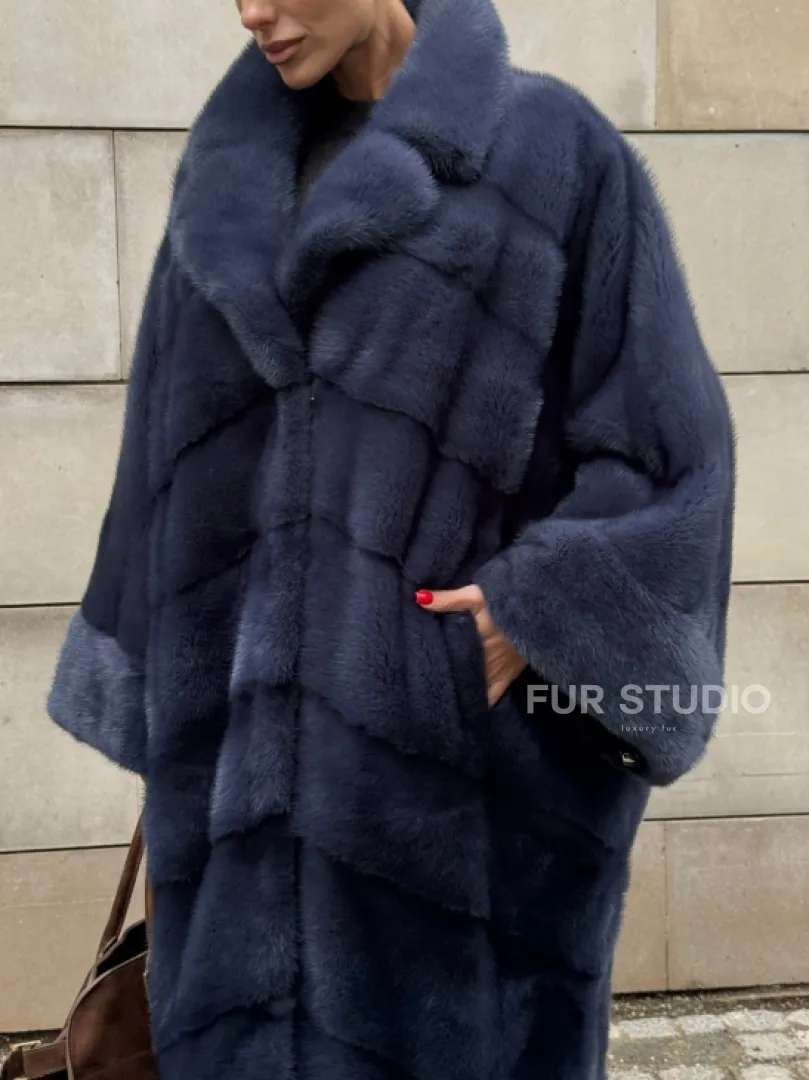 Норковая шуба-пальто в цвете джинс, стиль  “Бохо“ — батальный размер - фото 4