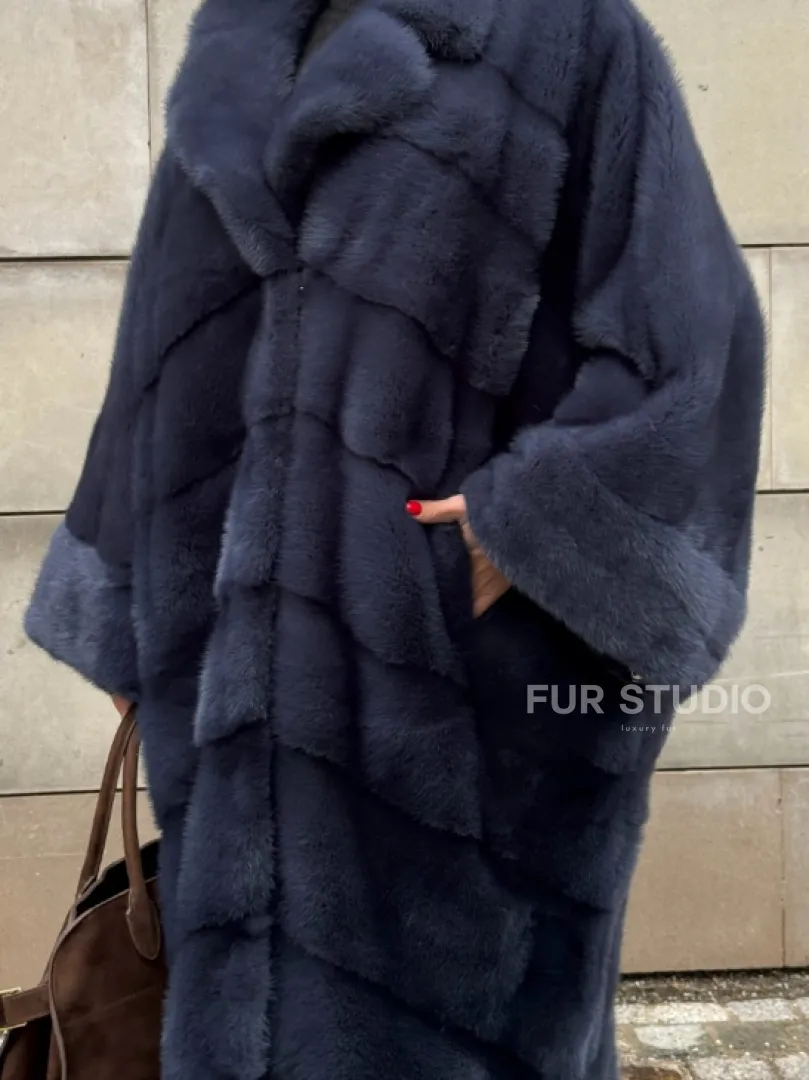 Норковая шуба-пальто в цвете джинс, стиль  “Бохо“ — батальный размер - фото 2