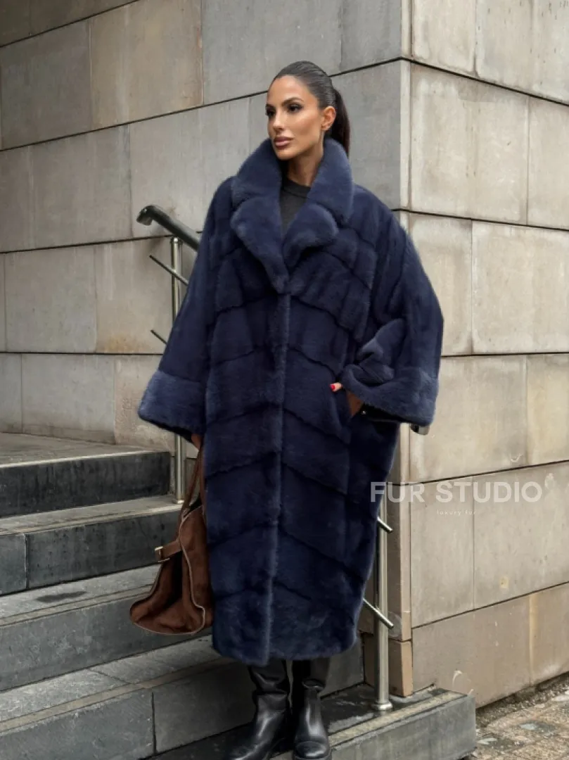 Норковая шуба-пальто в цвете джинс, стиль  “Бохо“ — батальный размер - фото 8