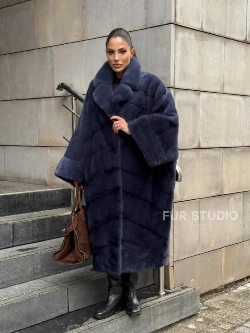 Норковая шуба-пальто в цвете джинс, стиль  “Бохо“ — батальный размер - фото 15