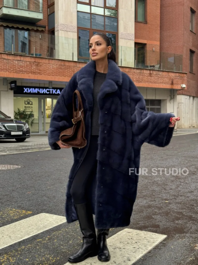 Норковая шуба-пальто в цвете джинс, стиль  “Бохо“ — батальный размер - фото 14
