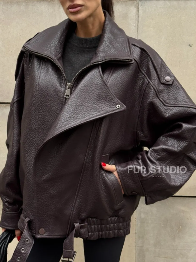 Стильная женская куртка из натуральной зернистой кожи COLLECTION DARK BURGUNDY - фото 1