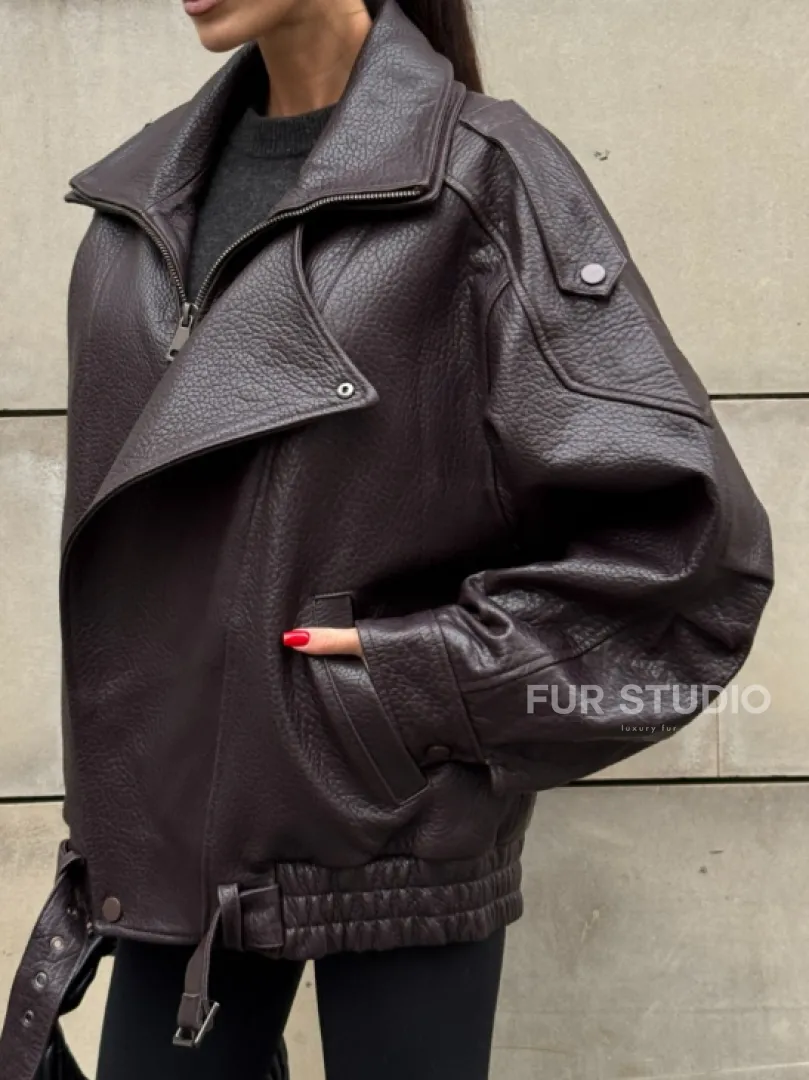 Стильная женская куртка из натуральной зернистой кожи COLLECTION DARK BURGUNDY - фото 2