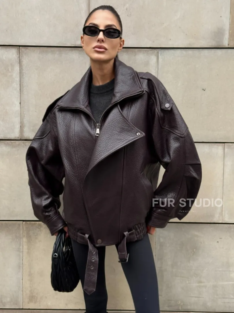 Стильная женская куртка из натуральной зернистой кожи COLLECTION DARK BURGUNDY - фото 6