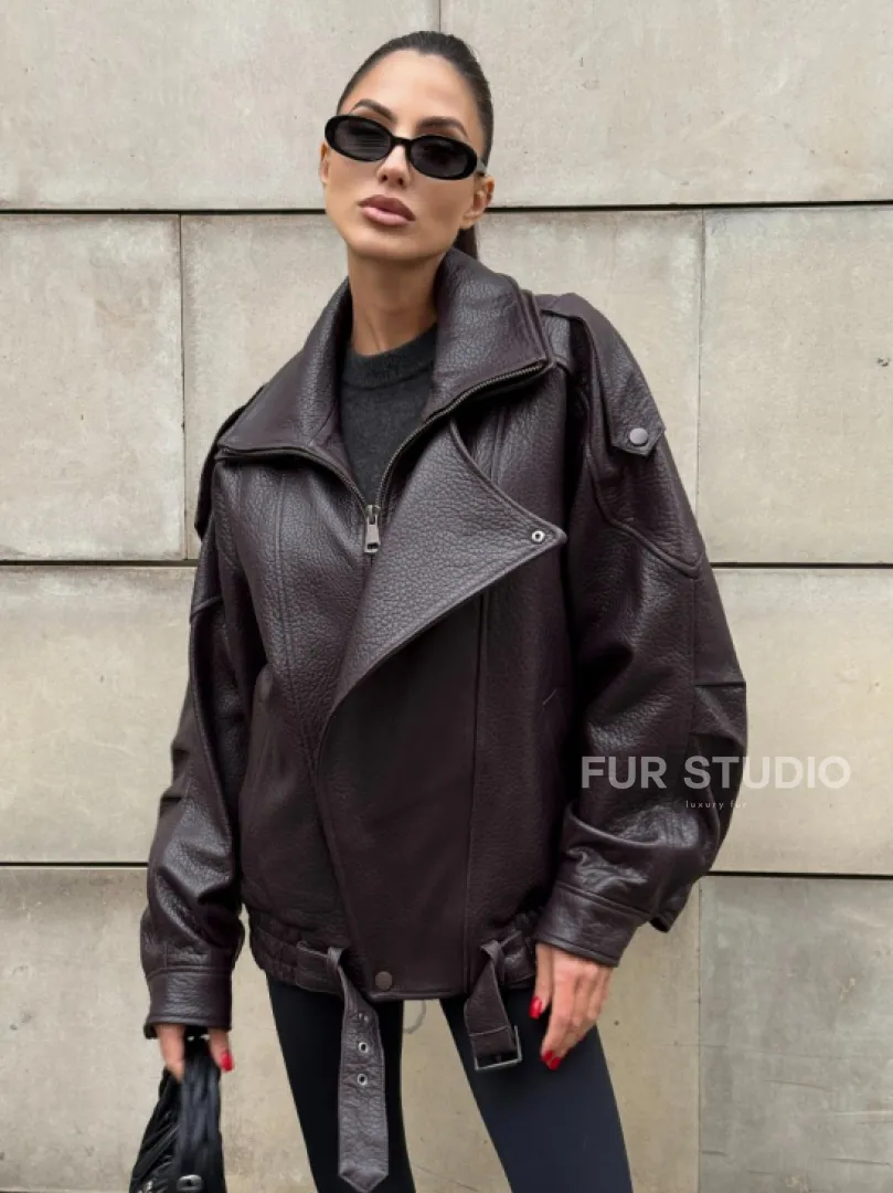 Стильная женская куртка из натуральной зернистой кожи COLLECTION DARK BURGUNDY - фото 5